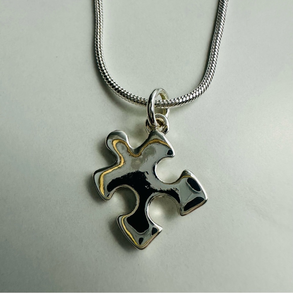 Silver-Plated Puzzle Piece Pendant Necklace | Snake Chain | NWOT - Picture 4 of 13
